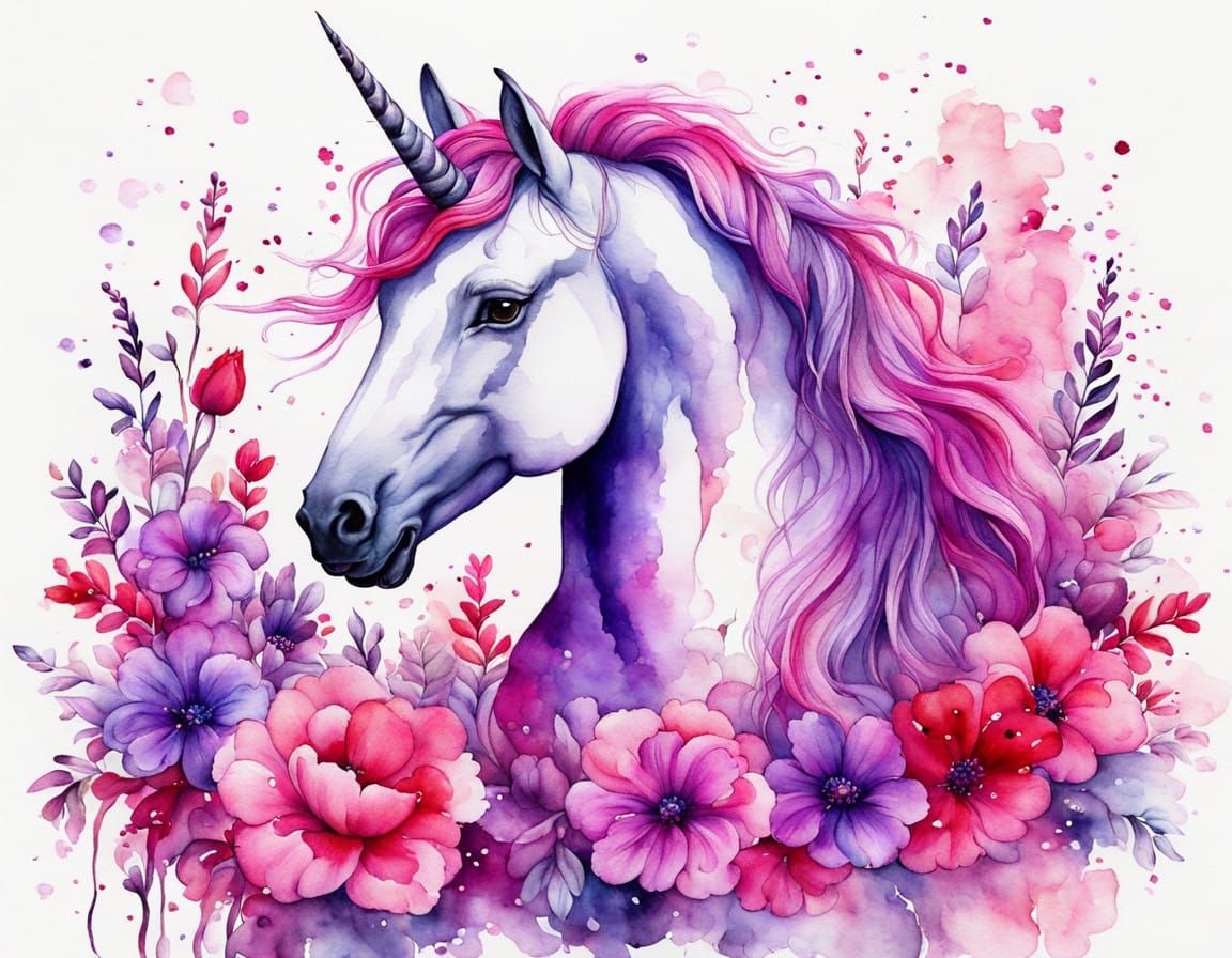 Pink Unicorn in Vibrant Floral Watercolor