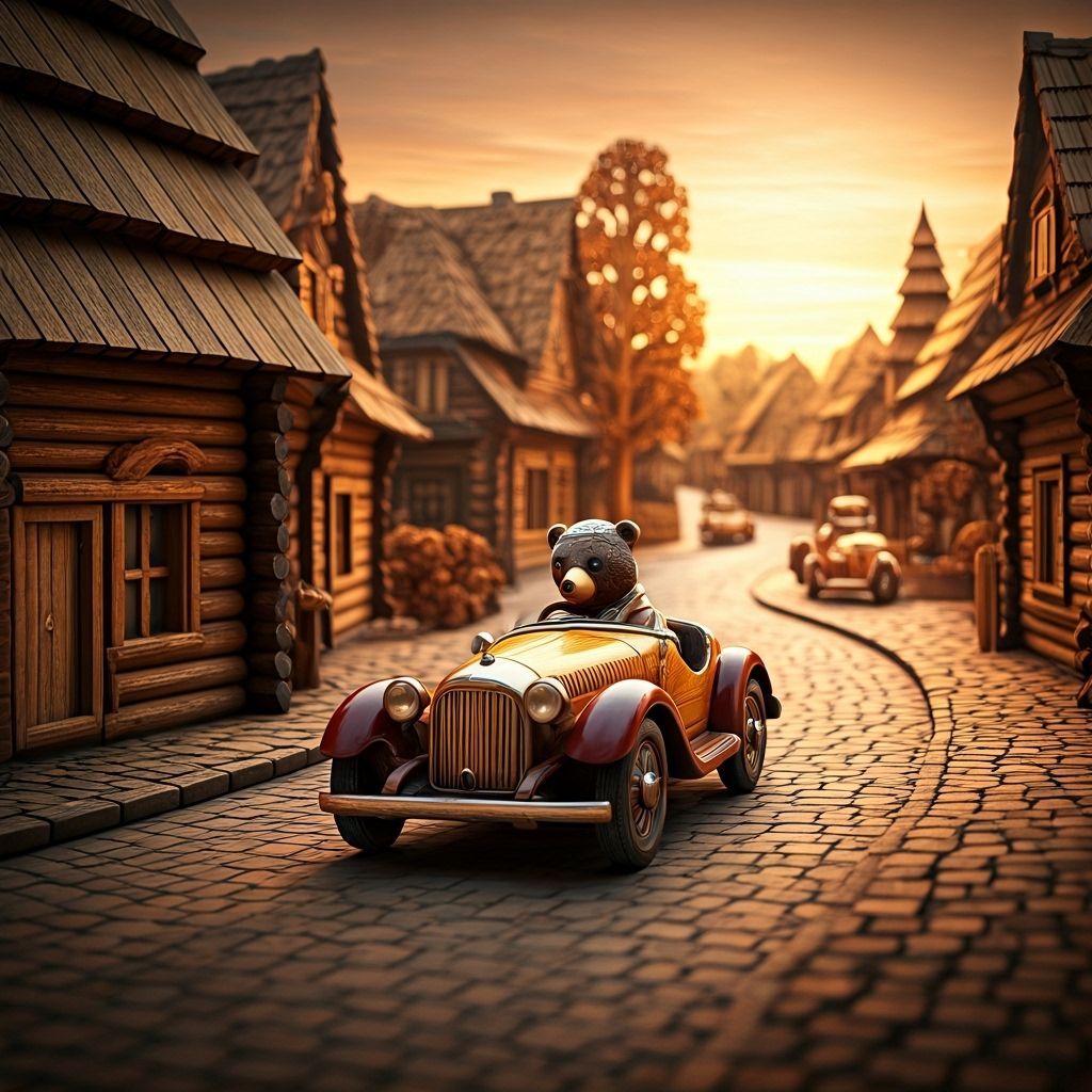 Wooden Bears Race Antique Cars in Golden Light