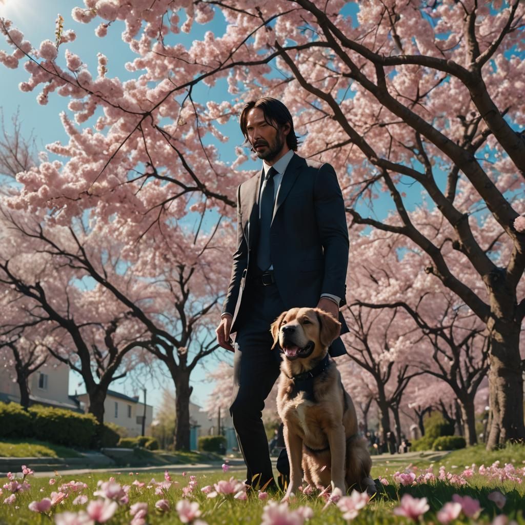 John Wick Under Cherry Blossoms with Puppy