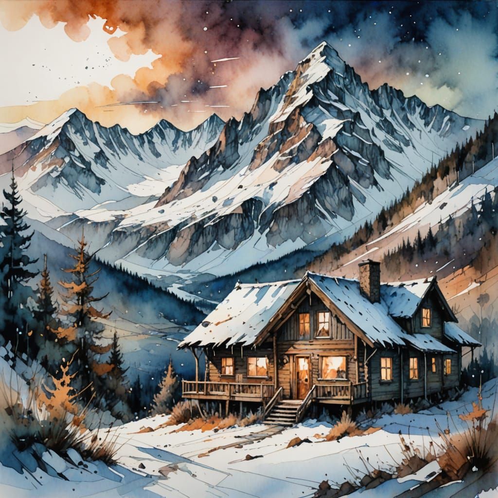 Mountain Cabin at Twilight in Watercolour Style