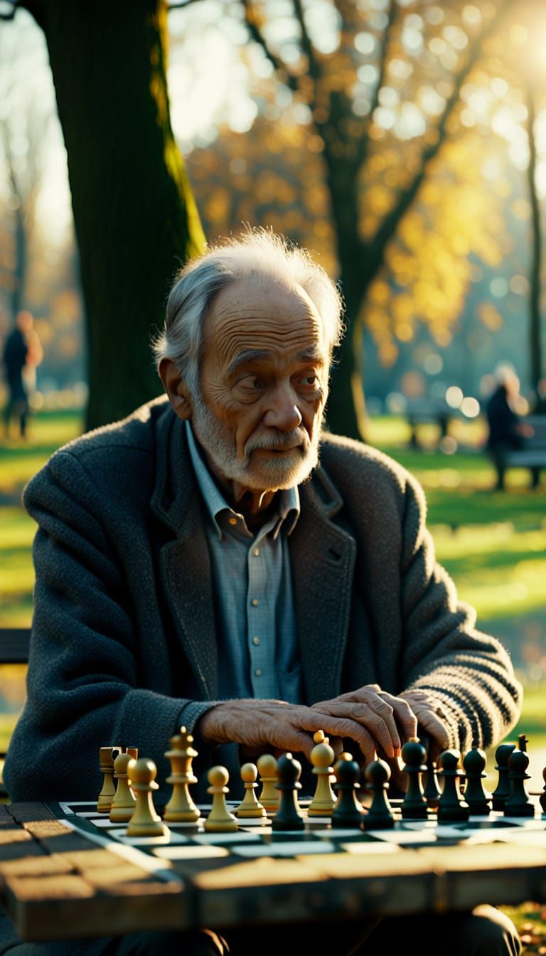 Old Man's Solitary Chess Game in Oil Painting Style