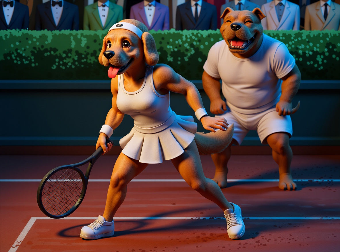 Anime Golden Retriever and Pitbull Tennis Match