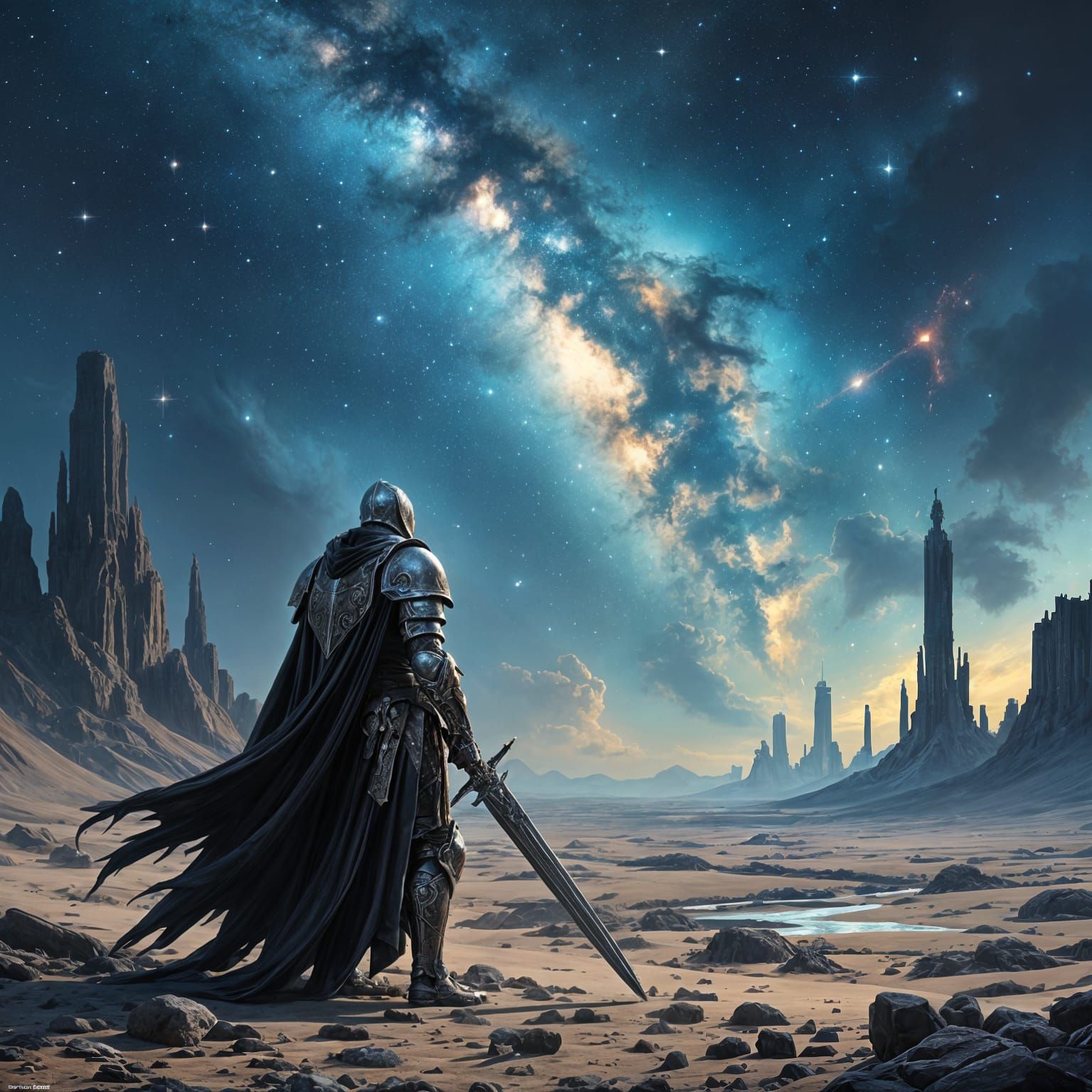 Dark Knight Gazing at Nebula Sky: Matte Painting
