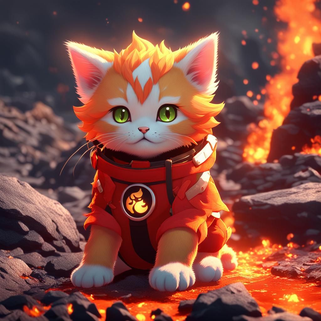 Anime Fire Kitten Chilling by Lava