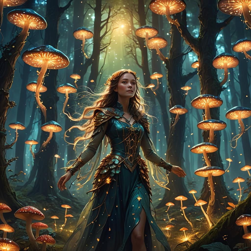 Woman in Forest with Glowing Mushrooms, Art Nouveau