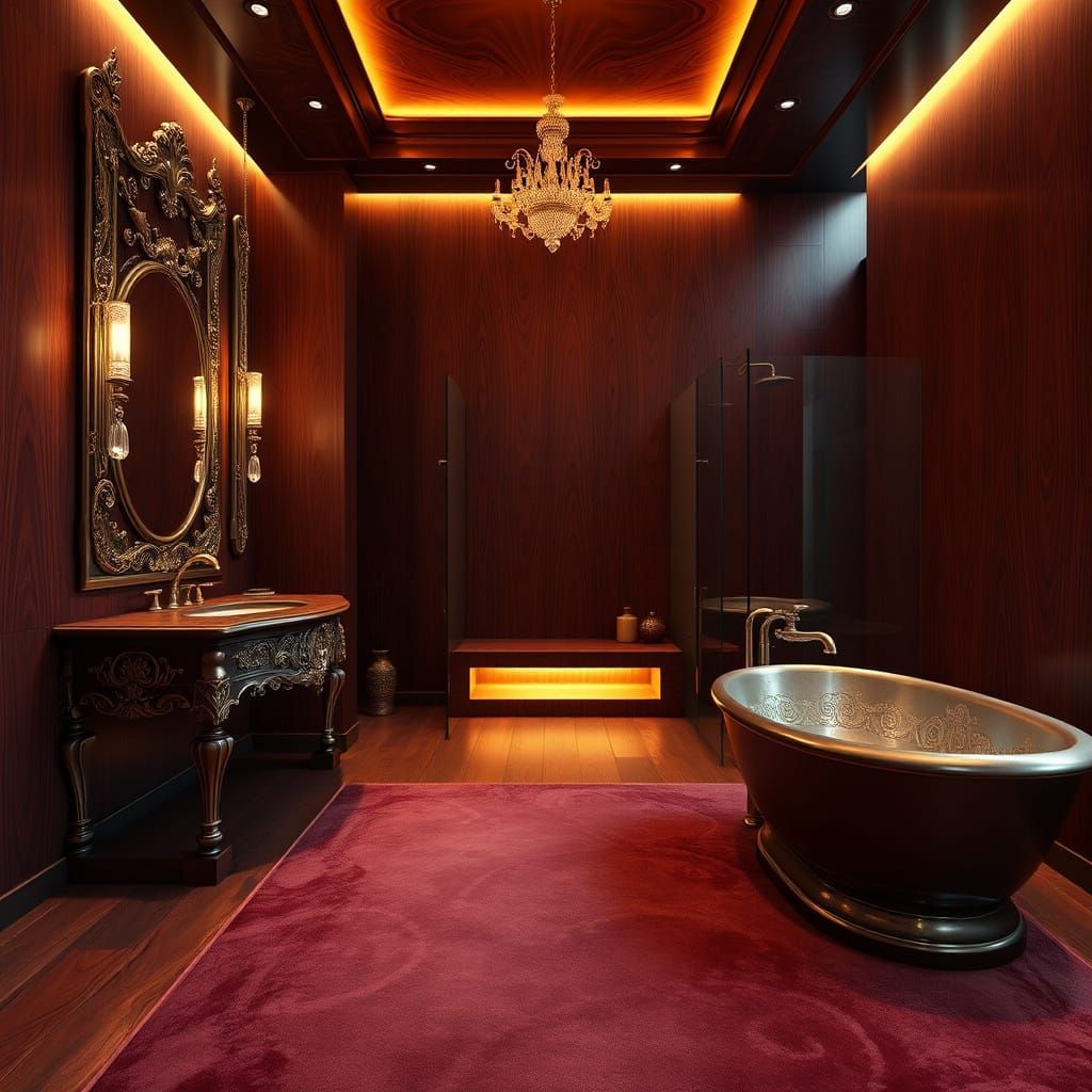 Ethereal Redwood Luxury Bathroom with Ornate Sink and Spacio...