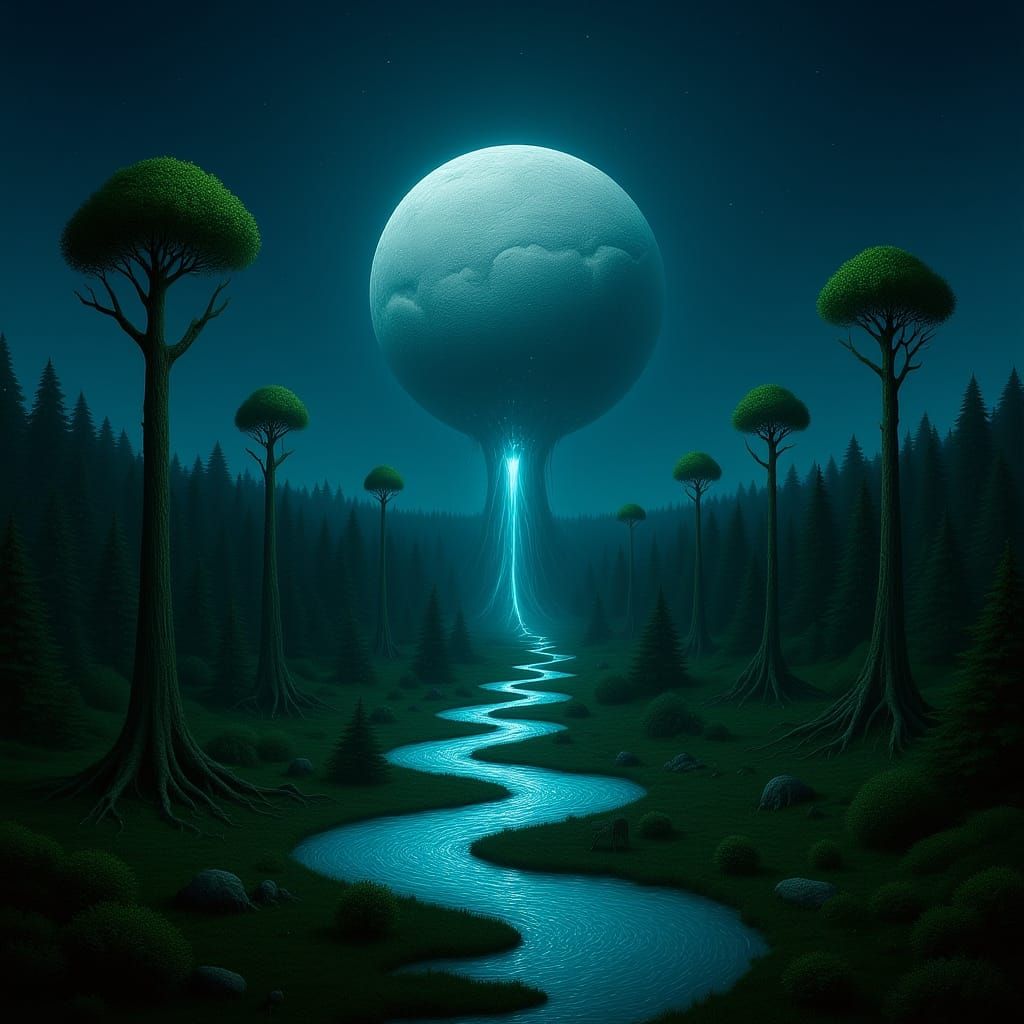 Gigantic Planet with Sky-High Forests in Digital Art Style