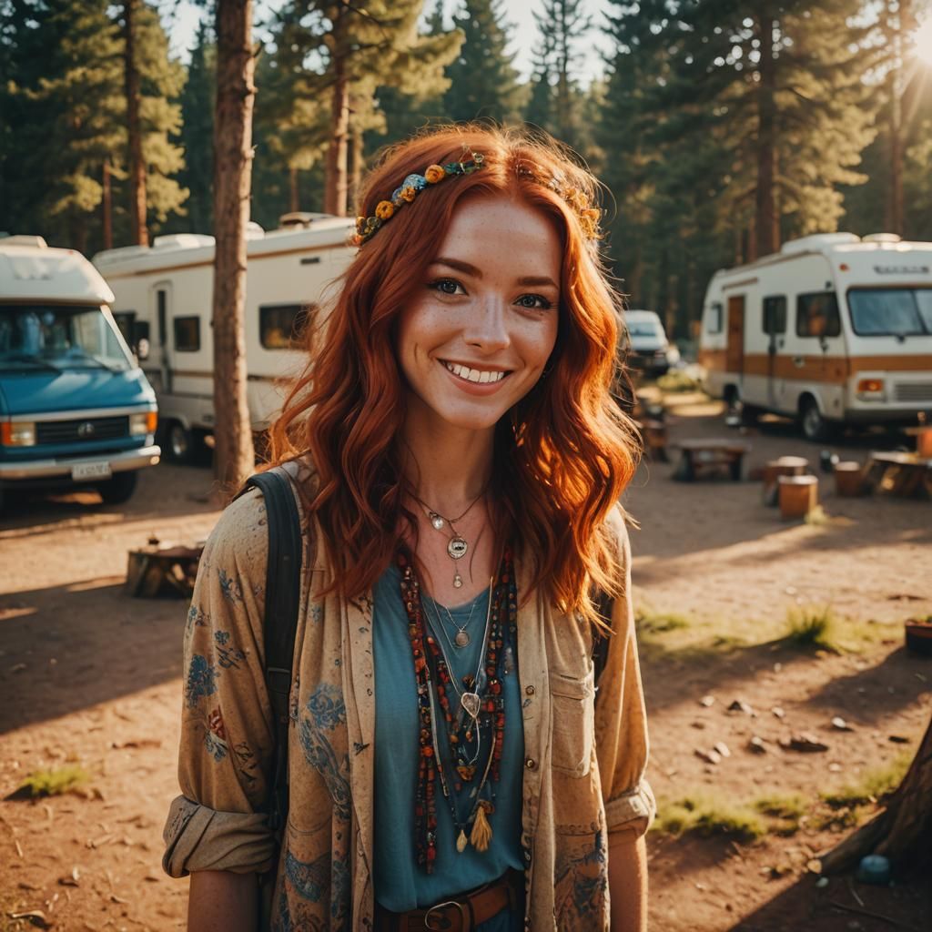 Red-Haired Girl Smiles in Hippie Style, Cinematic Still