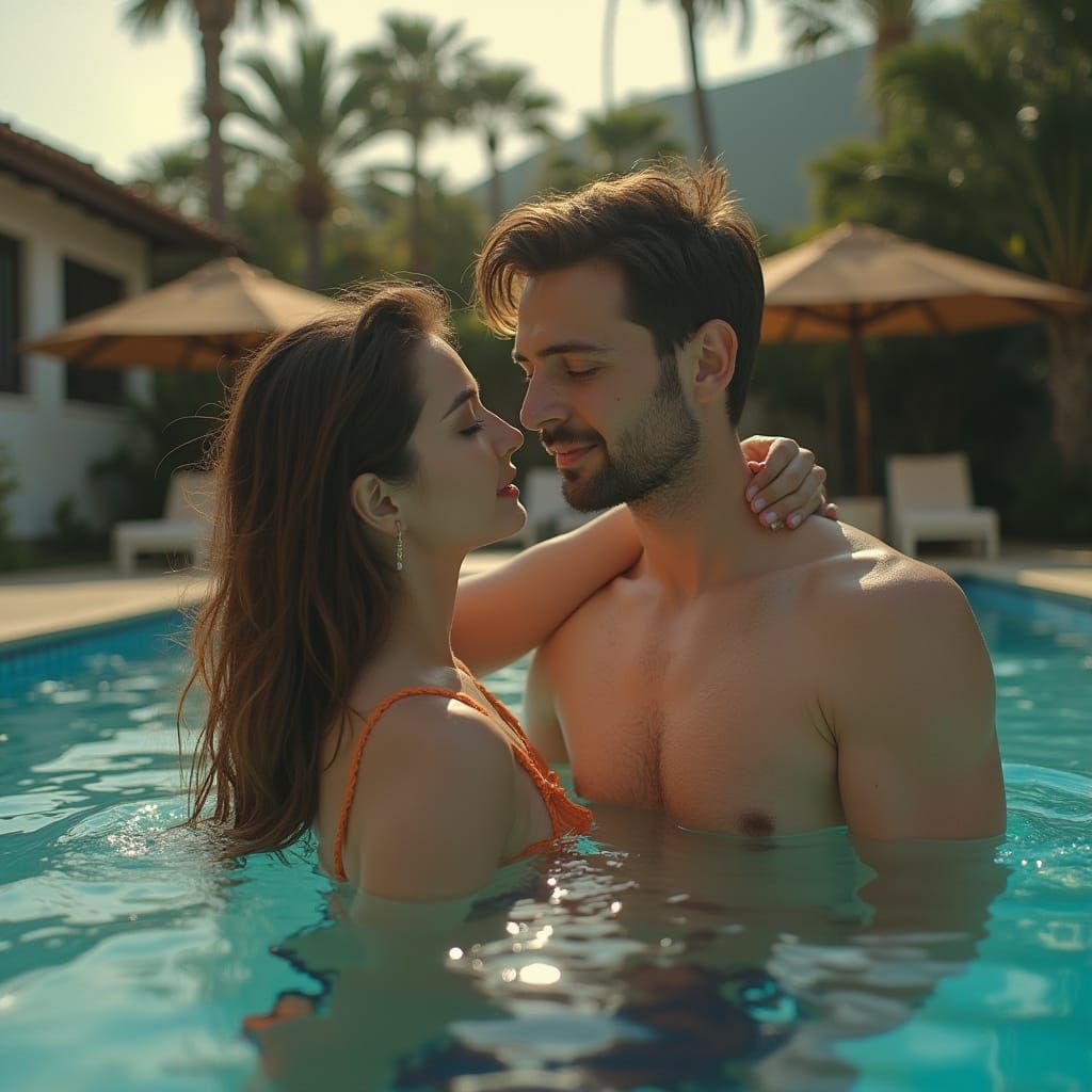 Resort Pool Scene with Dramatic Lighting