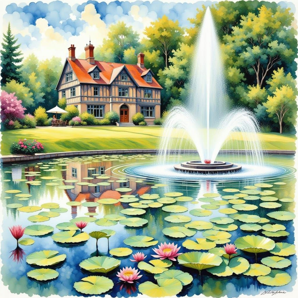 Tudor Mansion with Fountain in Watercolor and Ink