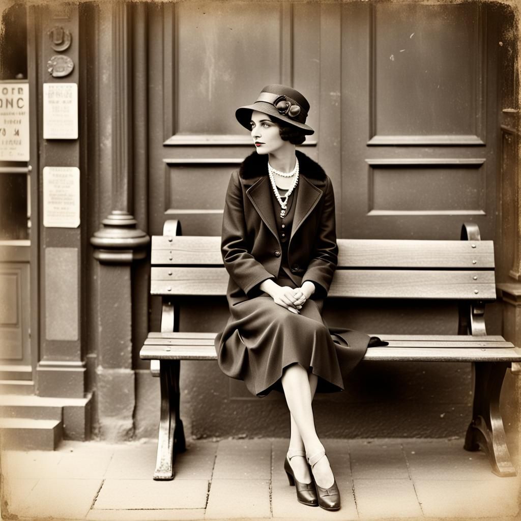 1920s Style: Beautiful Woman on Street Bench