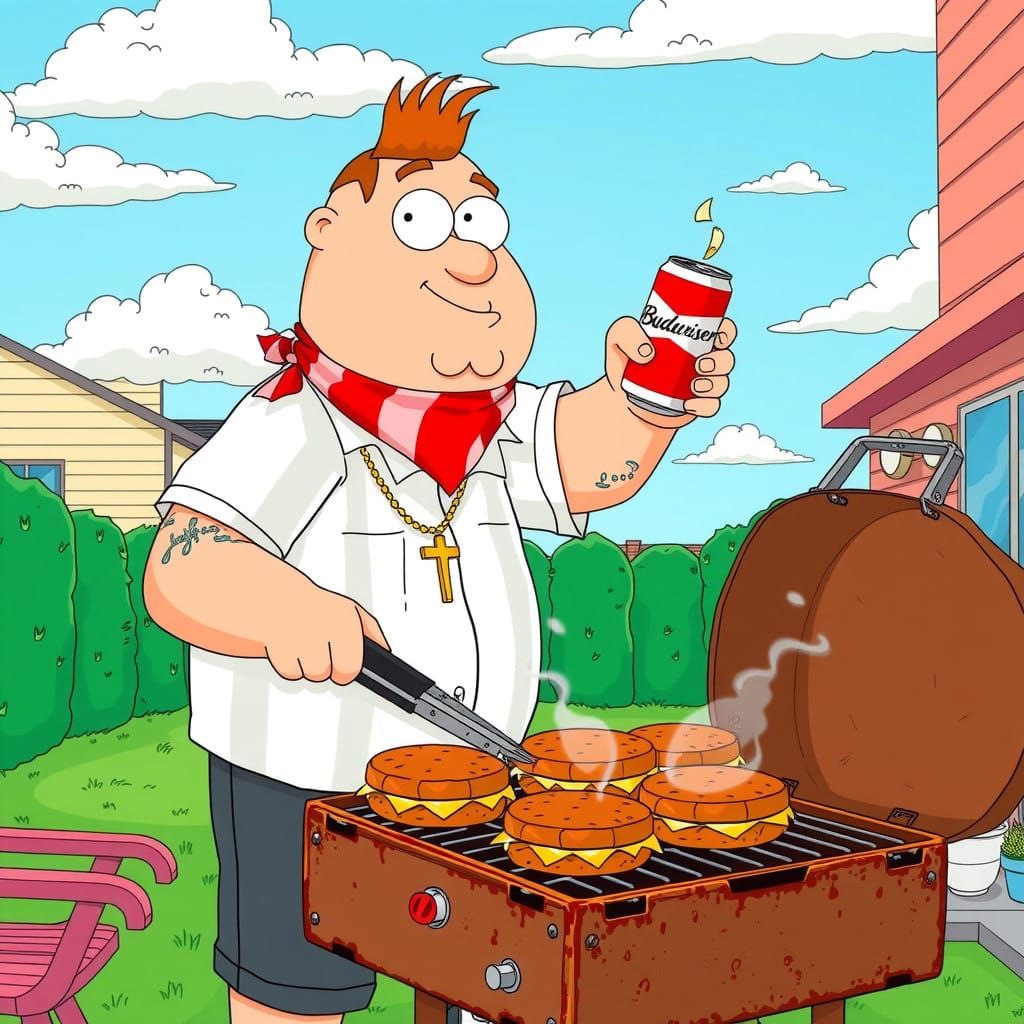 Confident Peter Griffin Grills Burgers in Sun-Kissed Backyar...