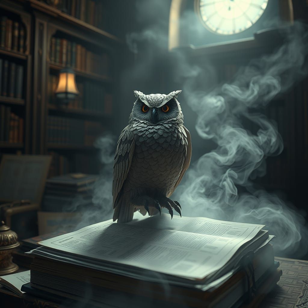 Newspaper Owl on Tome in Mystical Library