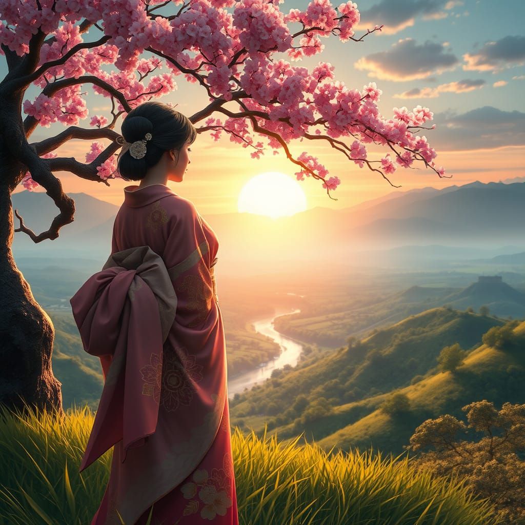 Traditional Japanese Woman Surveys Breathtaking Valley with...