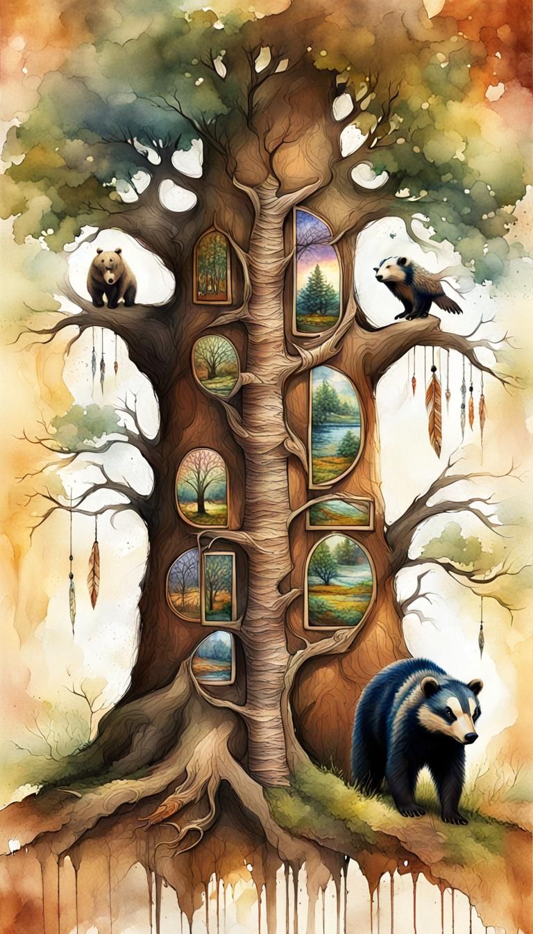 American Indian Totem Family Tree in Watercolor