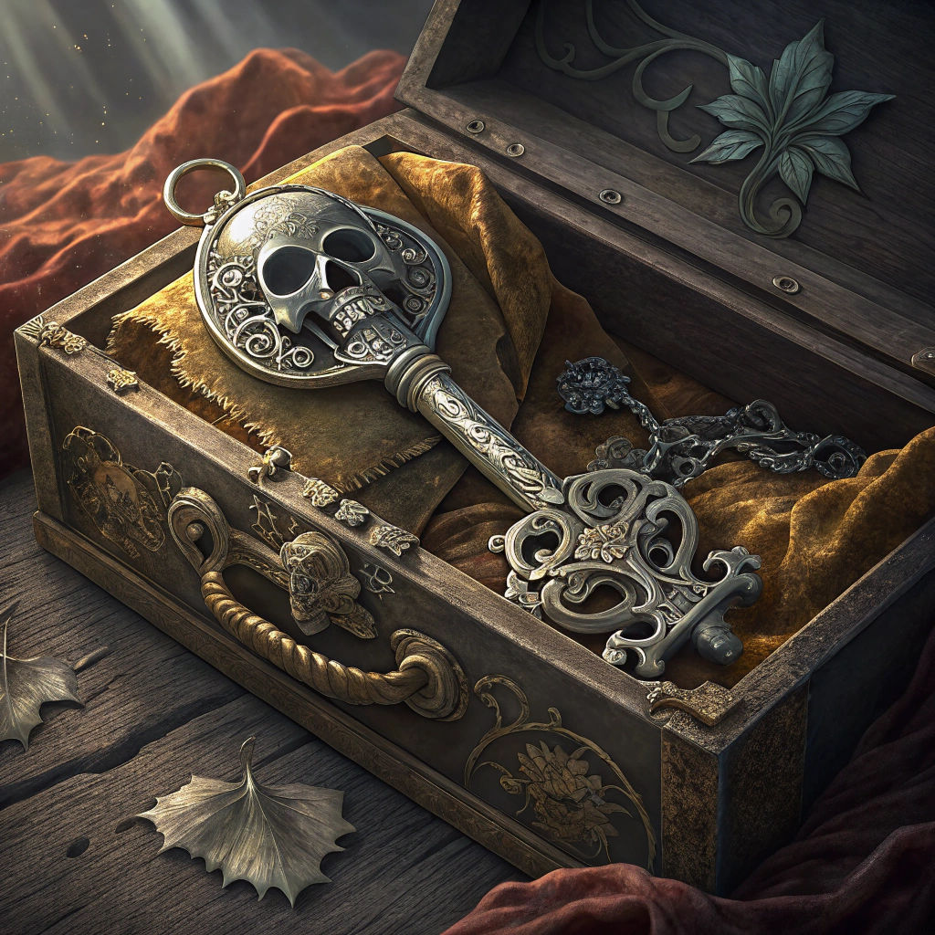Ornate Skull Key on Treasure Chest in Art Nouveau Style