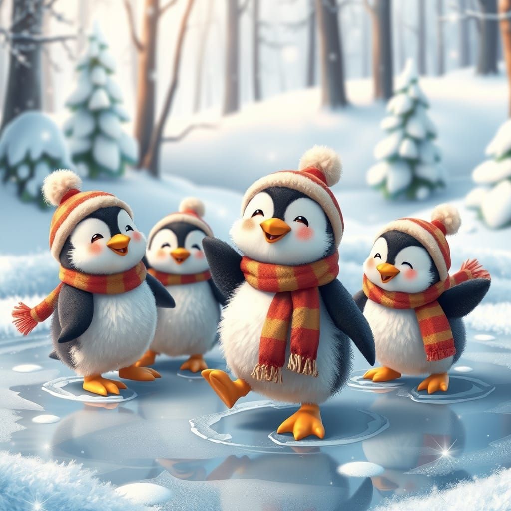 A family of adorable, fluffy penguins wearing tiny winter ha...