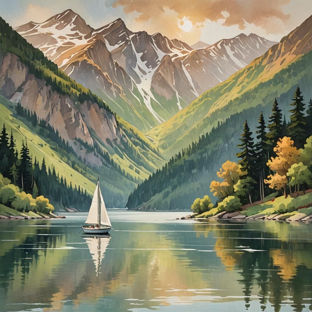 Impressionist Sailboat on Lake in Warm Gouache Painting