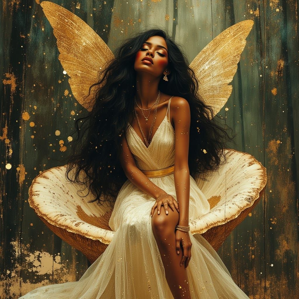 Black Fairy Goddess on Mushroom in Enchanted Forest