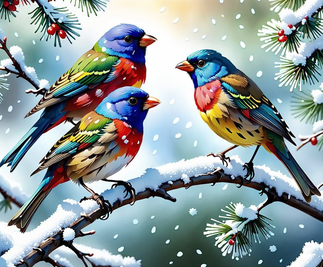 Chibi Painted Buntings in Winter Watercolor