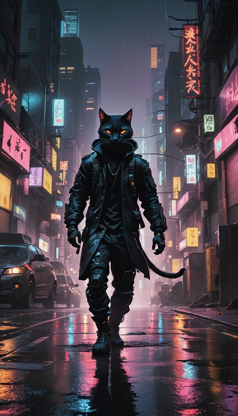 Cyberpunk Cat Ninja Prowls New York City