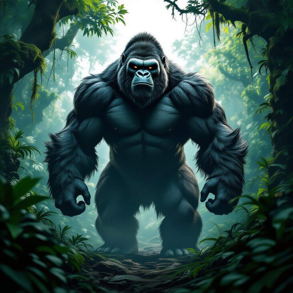 Colossal King Kong Wolf Hybrid in Dark Fantasy Jungle