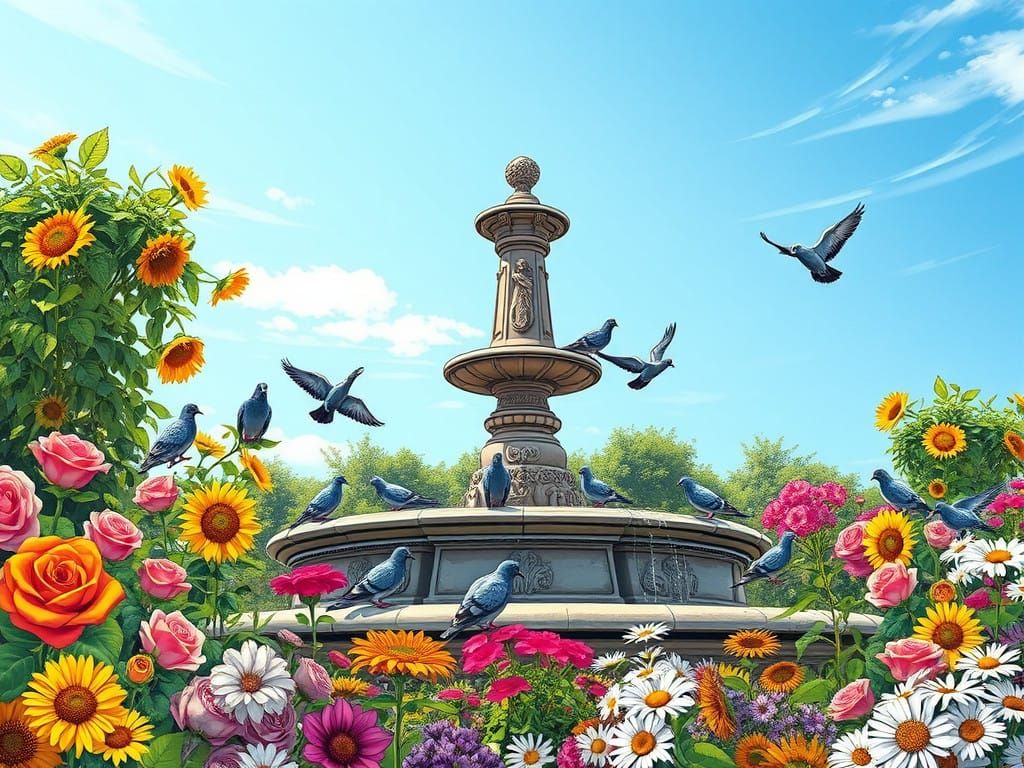 Surreal Garden Scene in Polished Comic Book Art