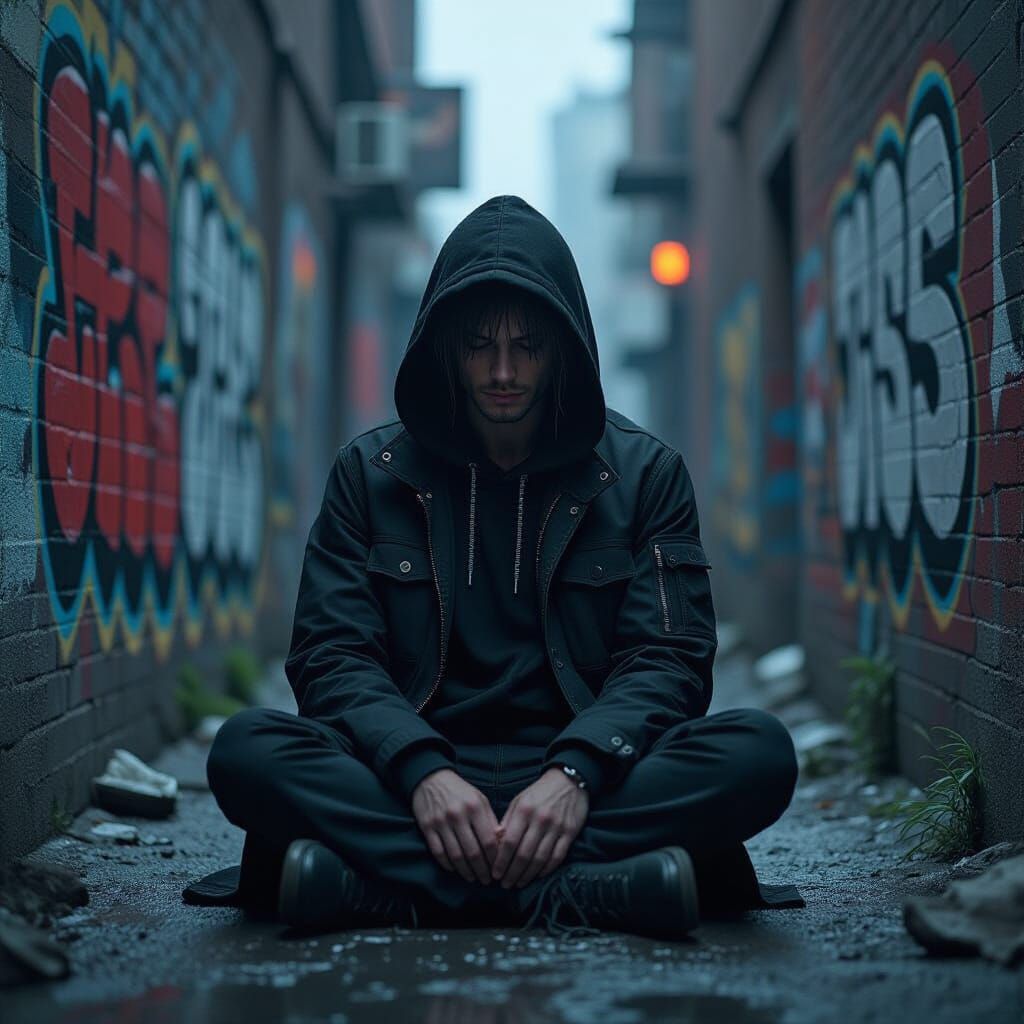 Meditating Figure Amid Urban Decay: Cyberpunk Style