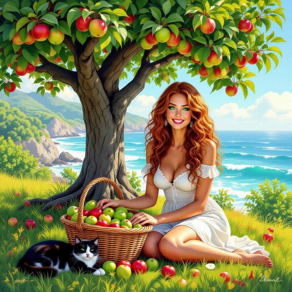 Beautiful Woman in Orchard Sorting Apples with Cats