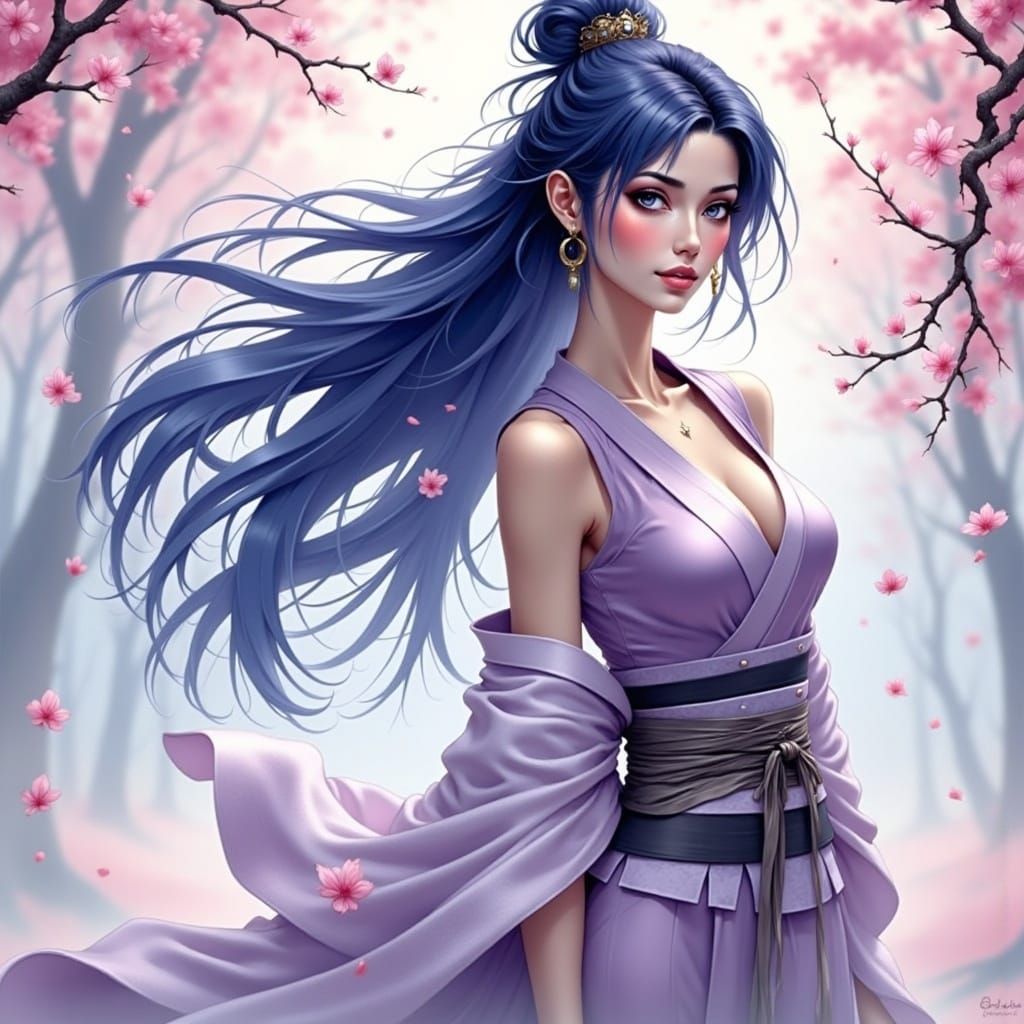 Graceful Samurai Princess in Cherry Blossom Garden