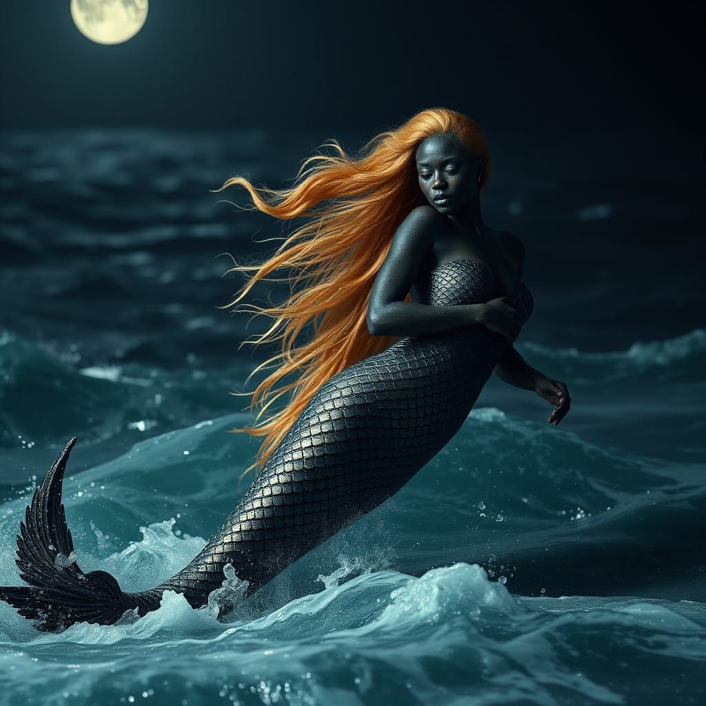 Majestic African Queen Mermaid in Turbulent Ocean at Night