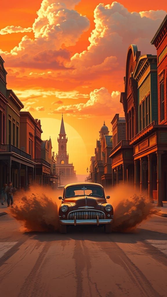 Dusty Cowboy Car Speeds Through Wild West Town