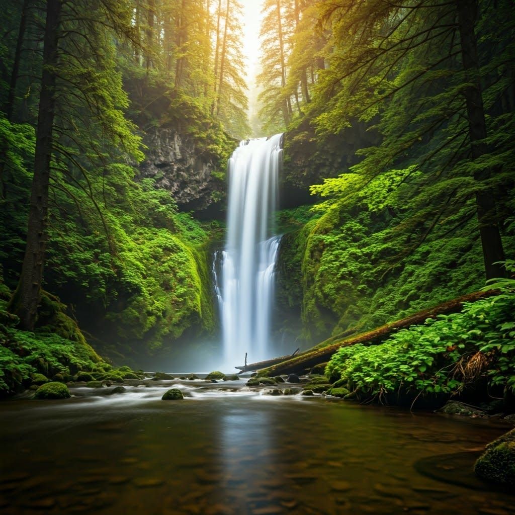 Waterfall Scene in Forest with Golden Light