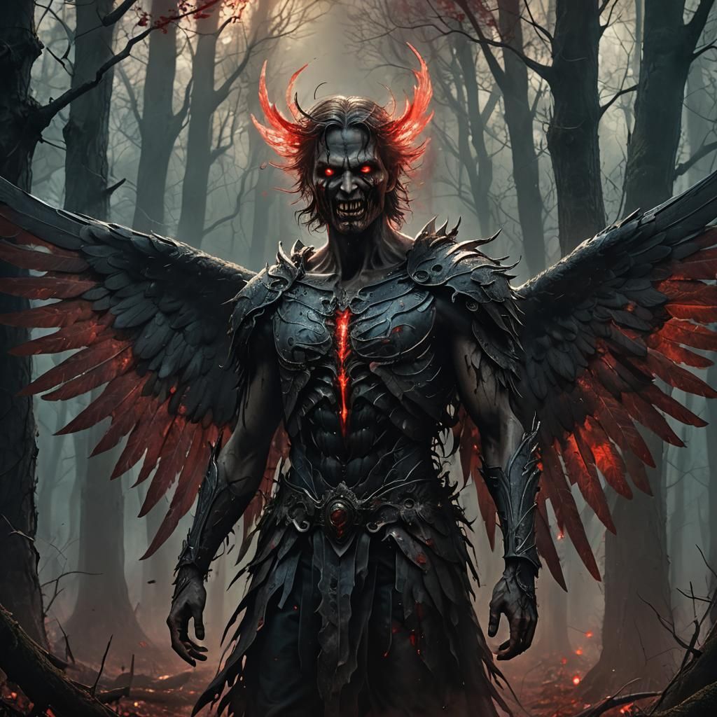 Menacing Angel in Dark Forest: Dark Fantasy Art