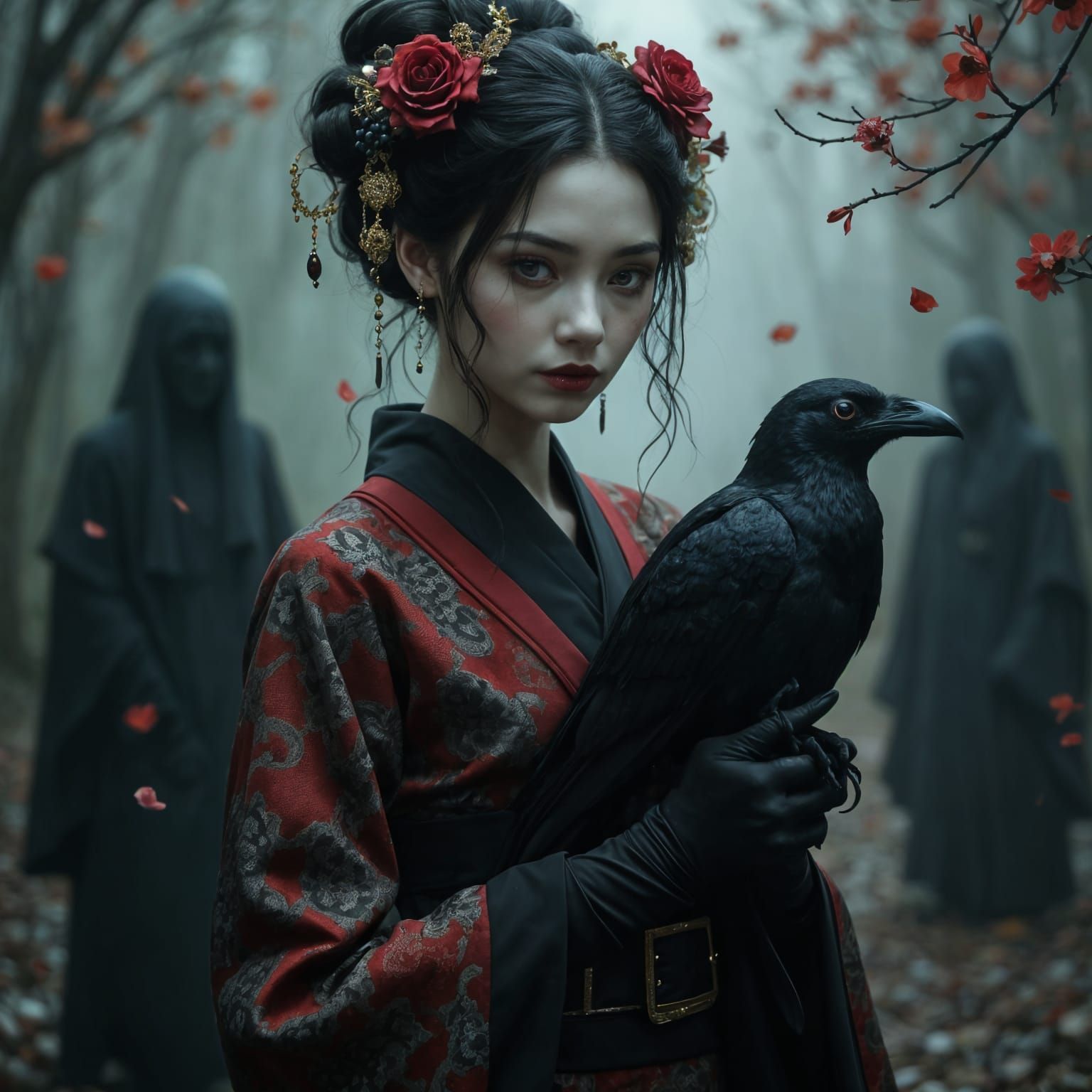 Gothic Woman with Raven in Misty Shadows