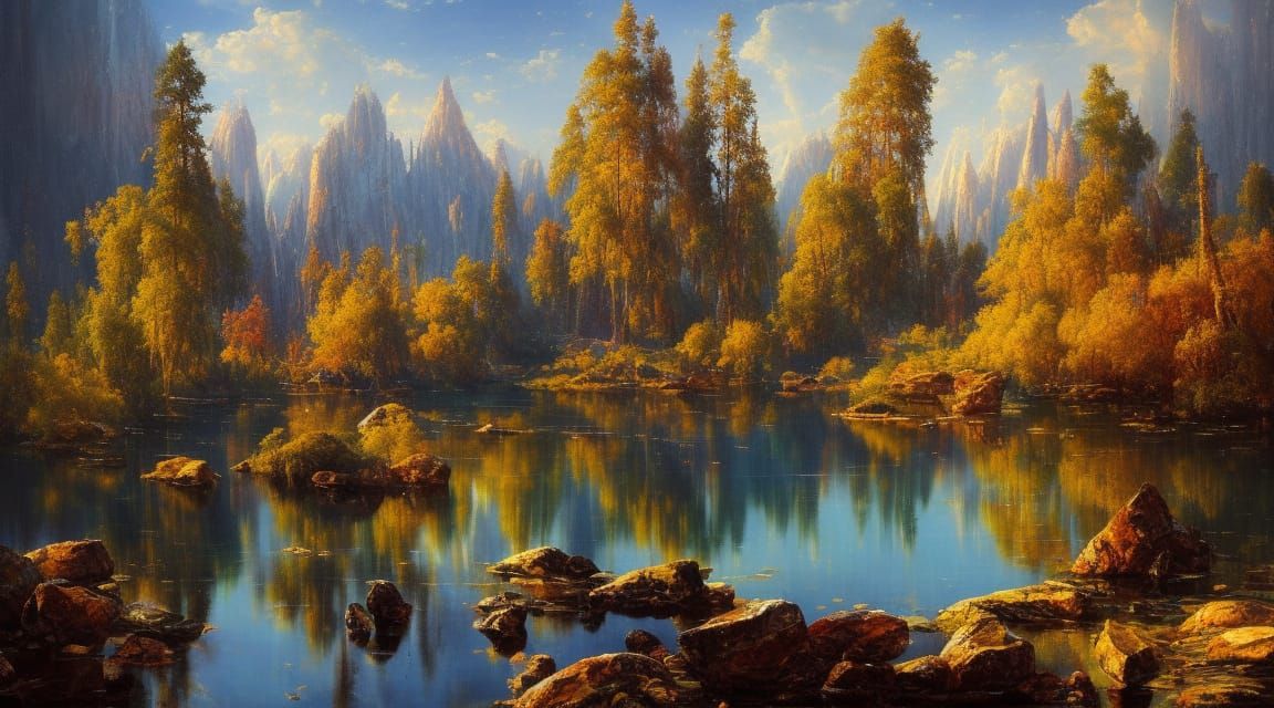 Reflective Mountain Lake: A Fantastical Painting