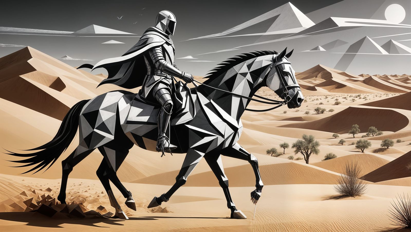 Assassin Knight in Desert Landscape: Cubist Line Art