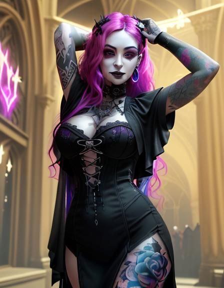 Gothic Woman with Intricate Tattoo in Rococo-Horrorcore Styl...