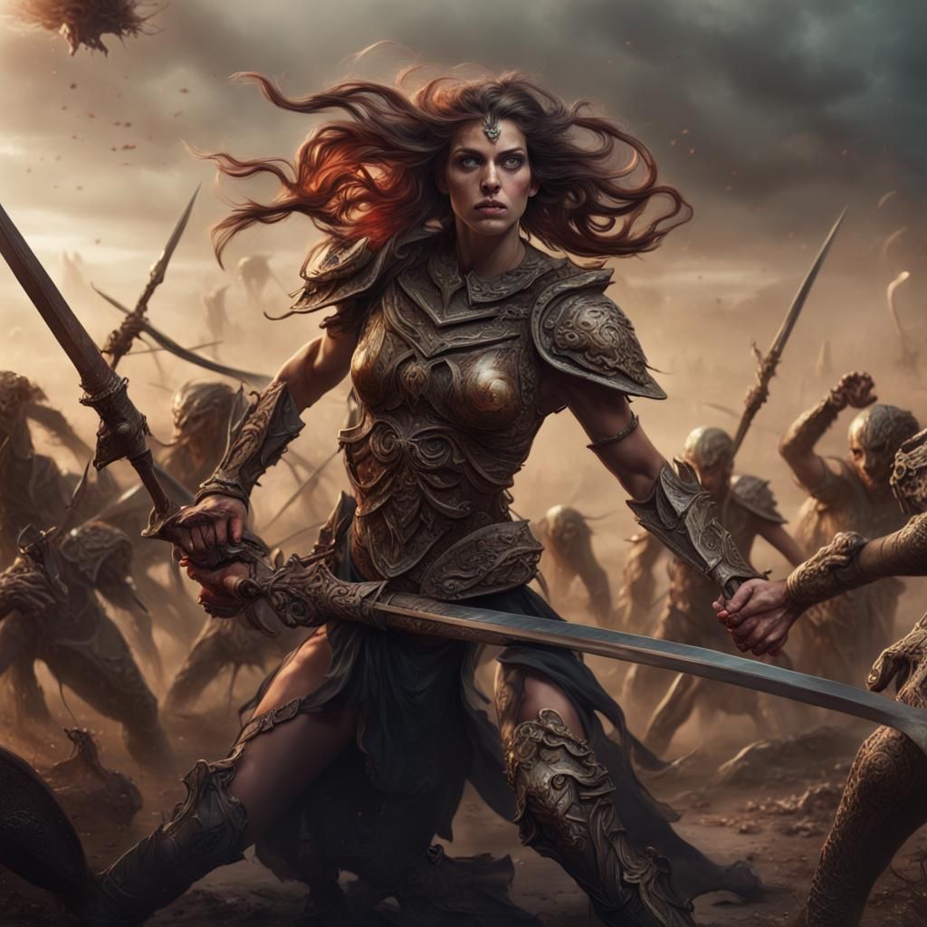 Female Warrior Battles Medusa in Fantasy Art