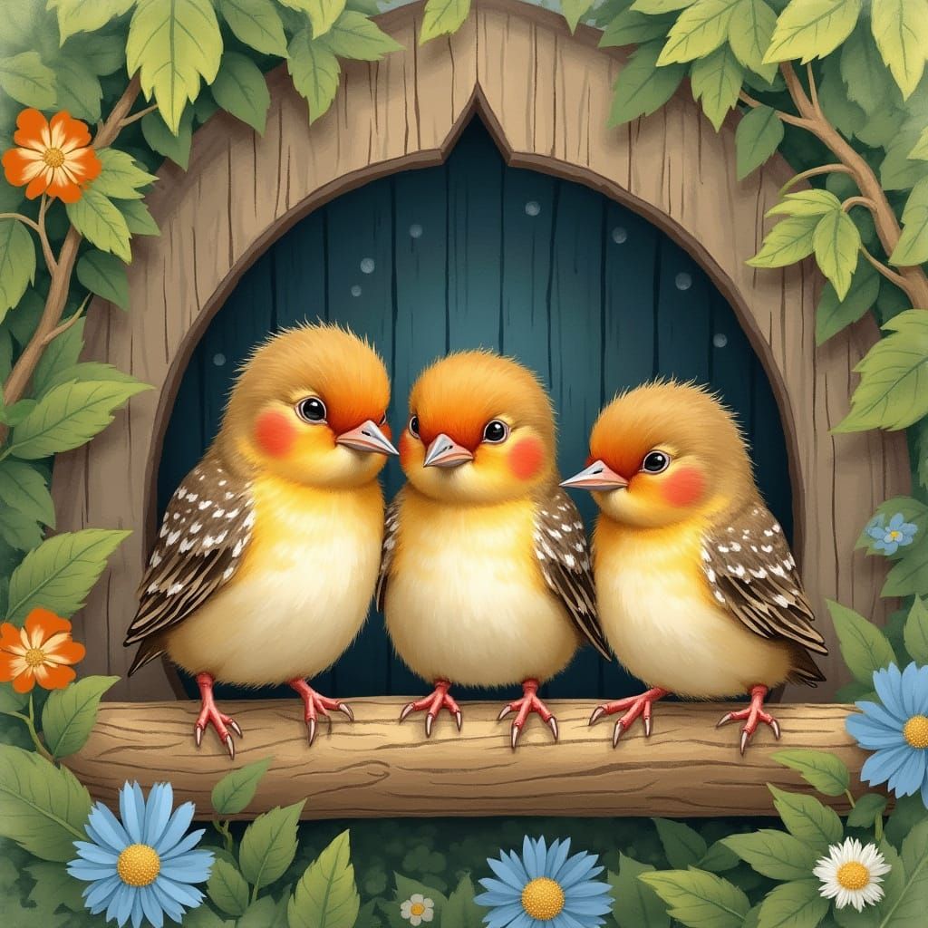 Birds Waiting in Birdhouse, Whimsical Illustration