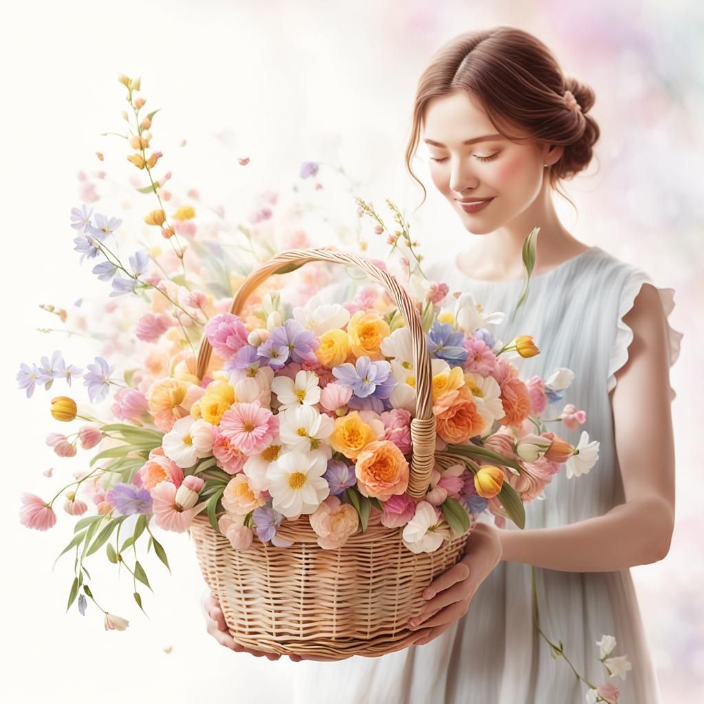 Spring Flowers in Basket, Impressionist Digital Art