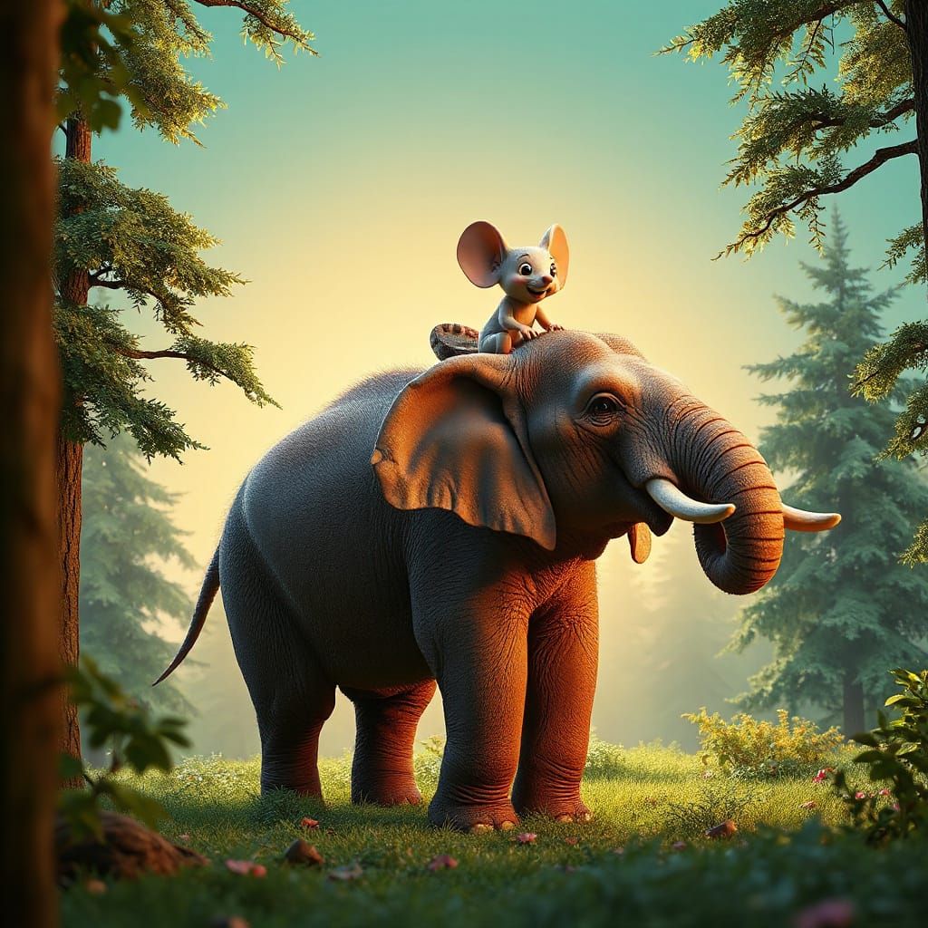 Mouse Riding Elephant in Forest, Pixar Style