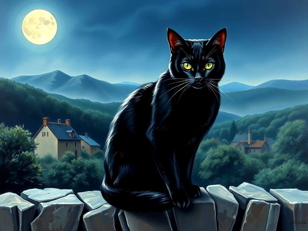 Moonlit Feline Vigil in Impasto Oil