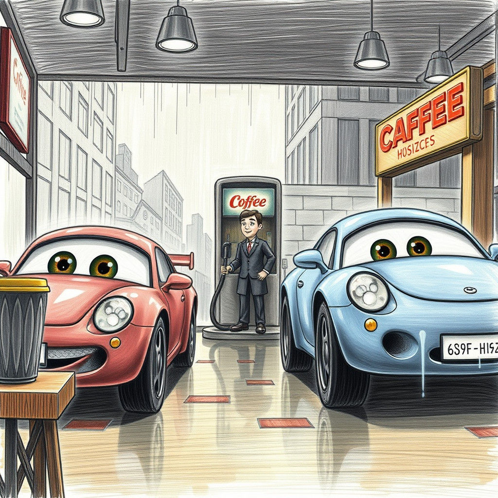 Cars Having Coffee: A Child's Dripple Pencil Drawing