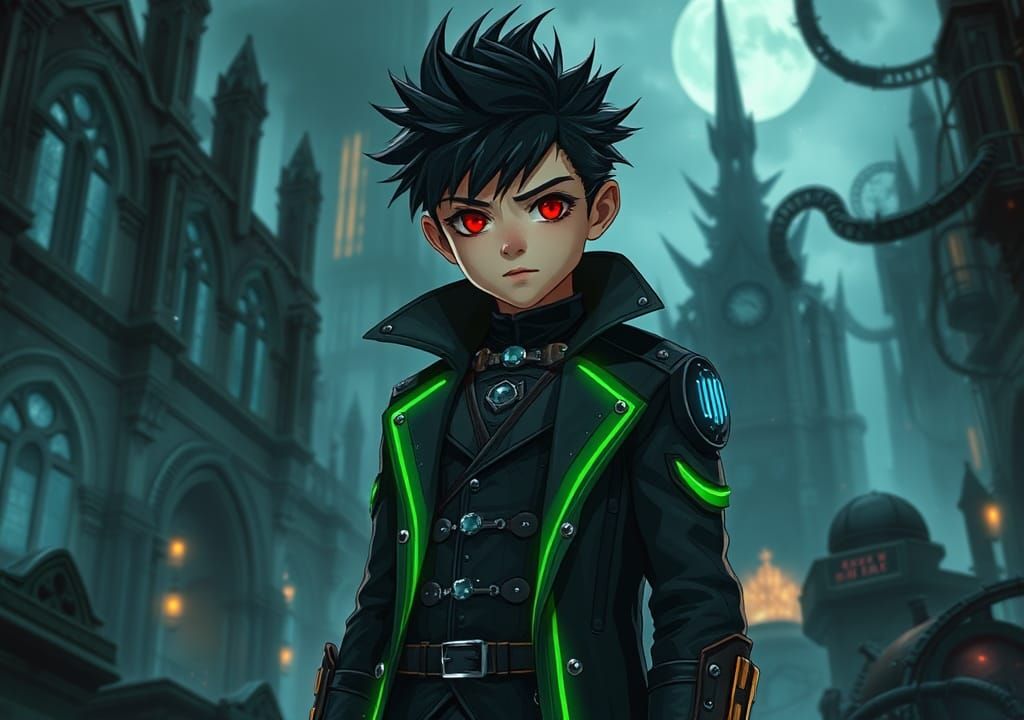 Gothic Cyberpunk Boy in Ruined Cityscape