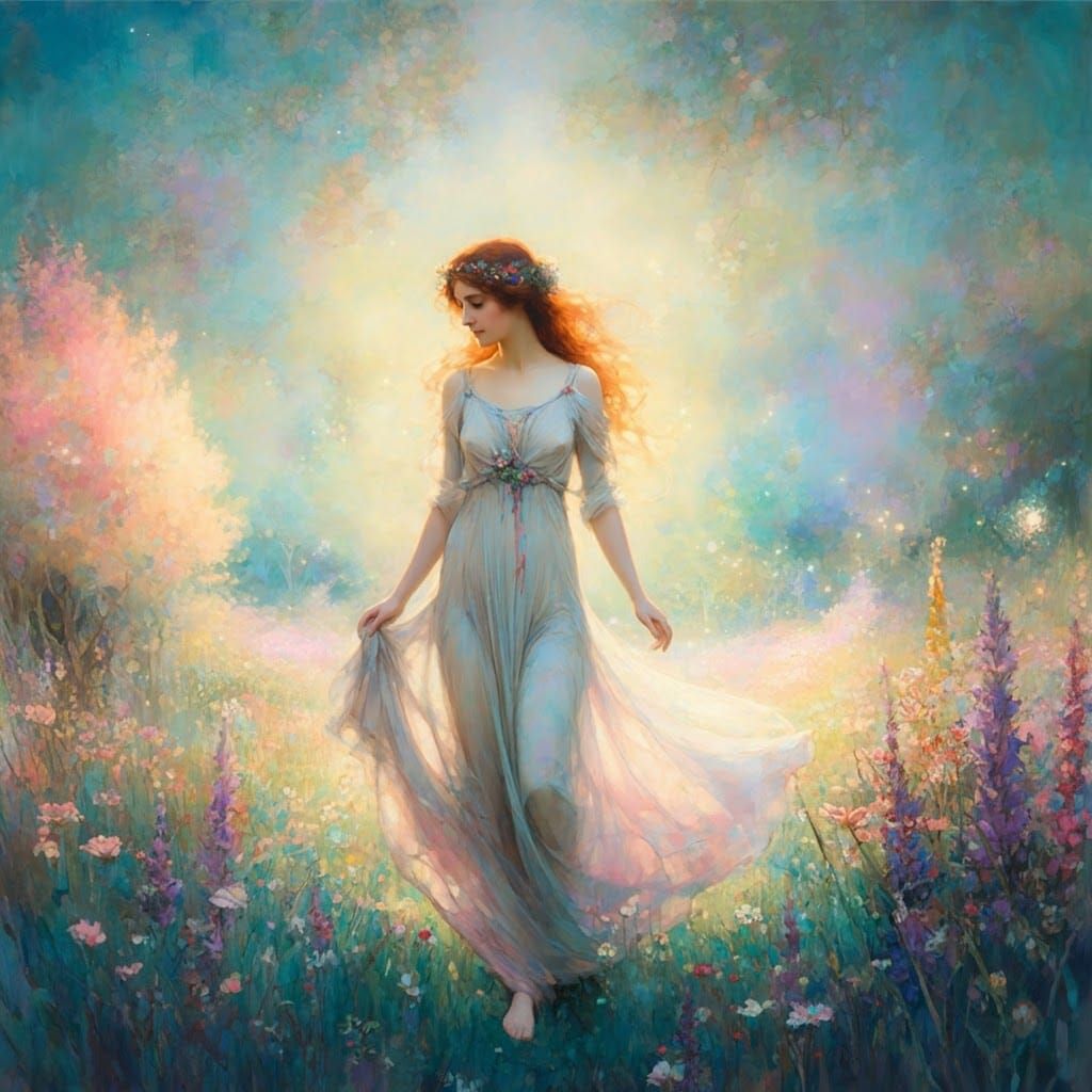 Ethereal Woman in Meadow: Pre-Raphaelite Fantasy Art
