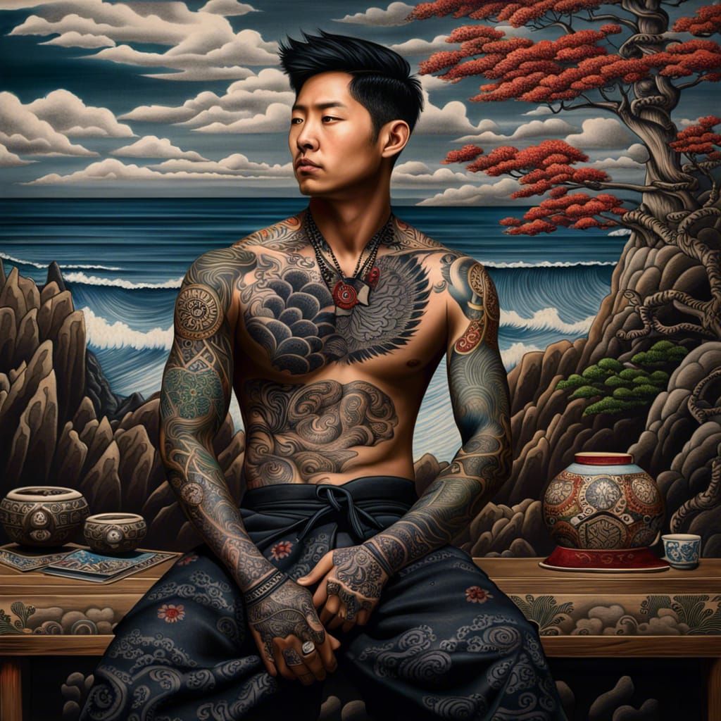 Man with Irezumi Tattoos by the Sea