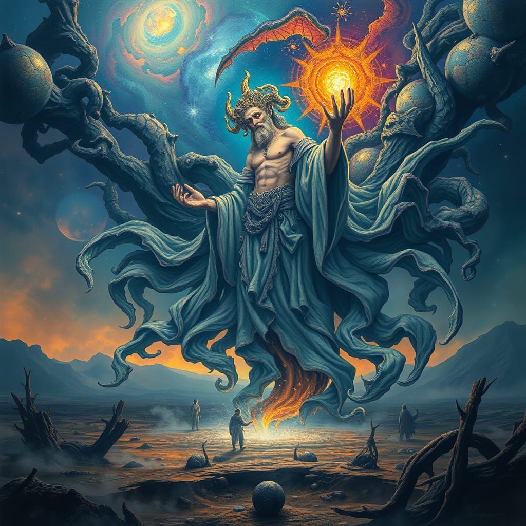 Hyperrealistic Cosmic God Sows Life on Barren Earth