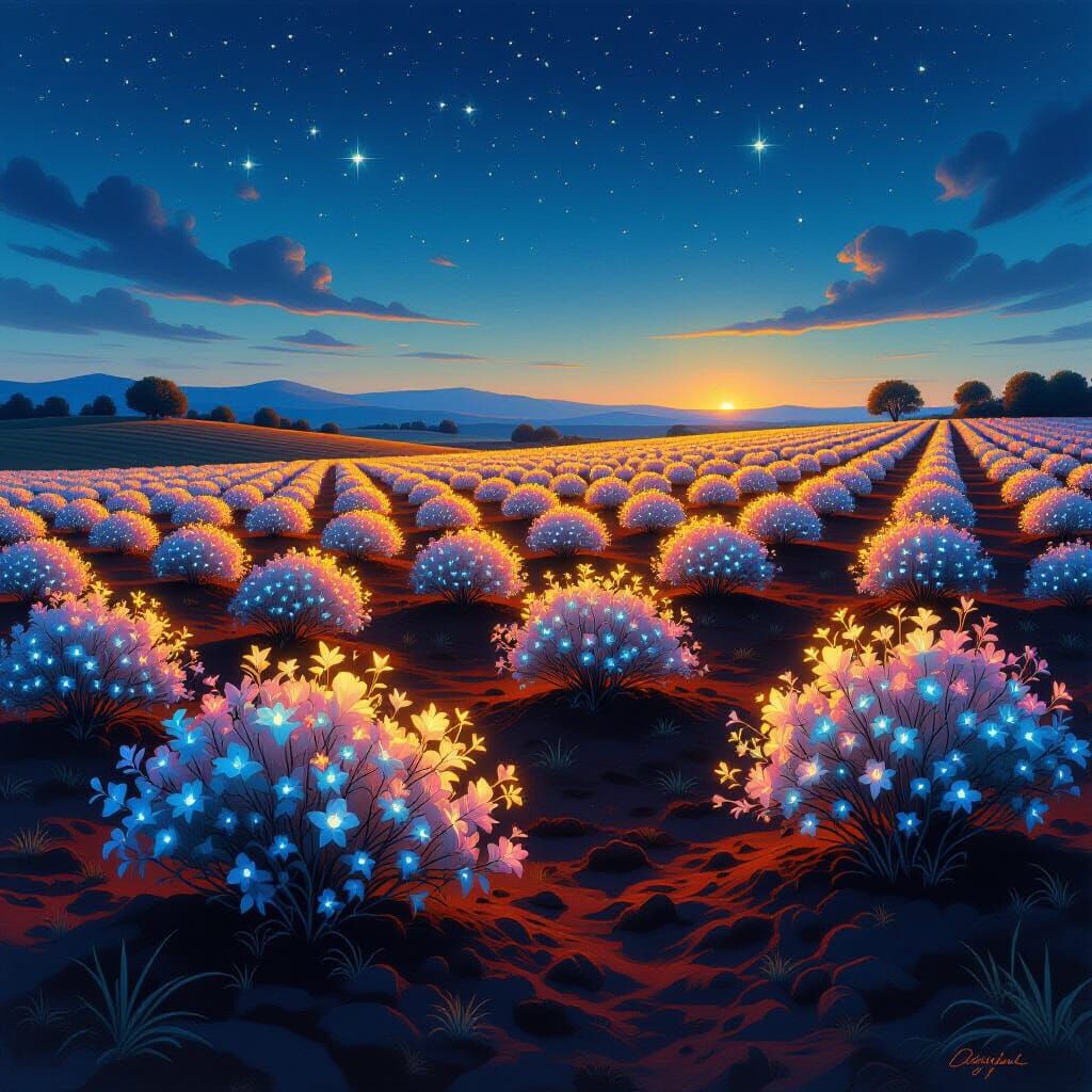Ethereal Farmland with Glowing Shrubs in Surrealist Style