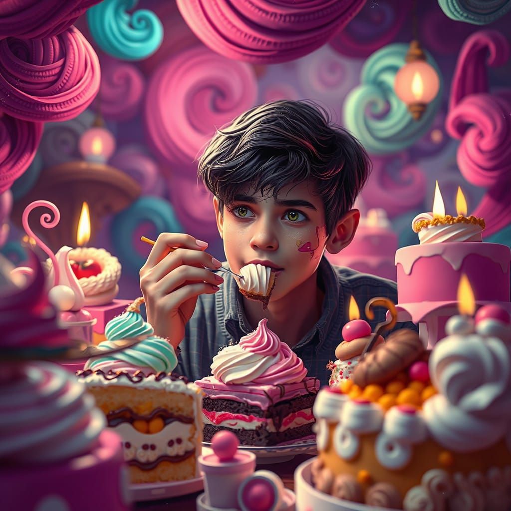 Young Adult Indulges in Whimsical Dessert Feast in Fantasy R...
